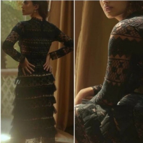 Anthropologie Forever That Girl Black Lace Long Sleeve Tiered Midi Dress M - Picture 4 of 12